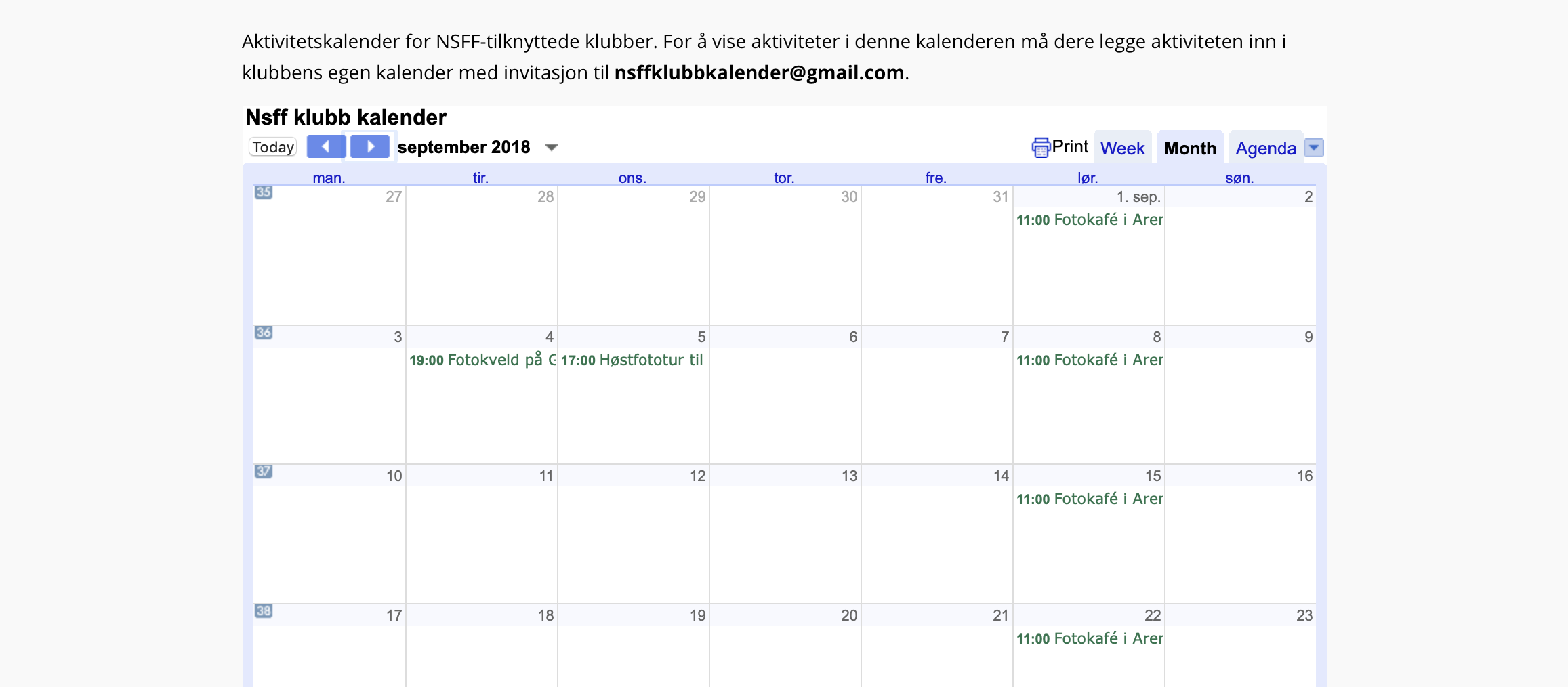 NSFFs klubbkalender er åpen for alle klubber